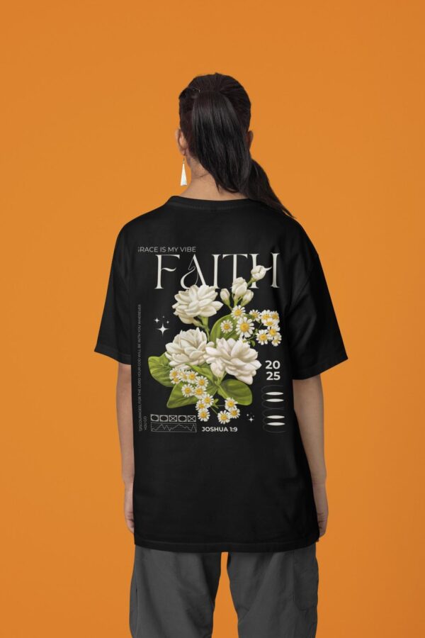 Faith Floral Printed Oversized Printed Black T-Shirt For Women